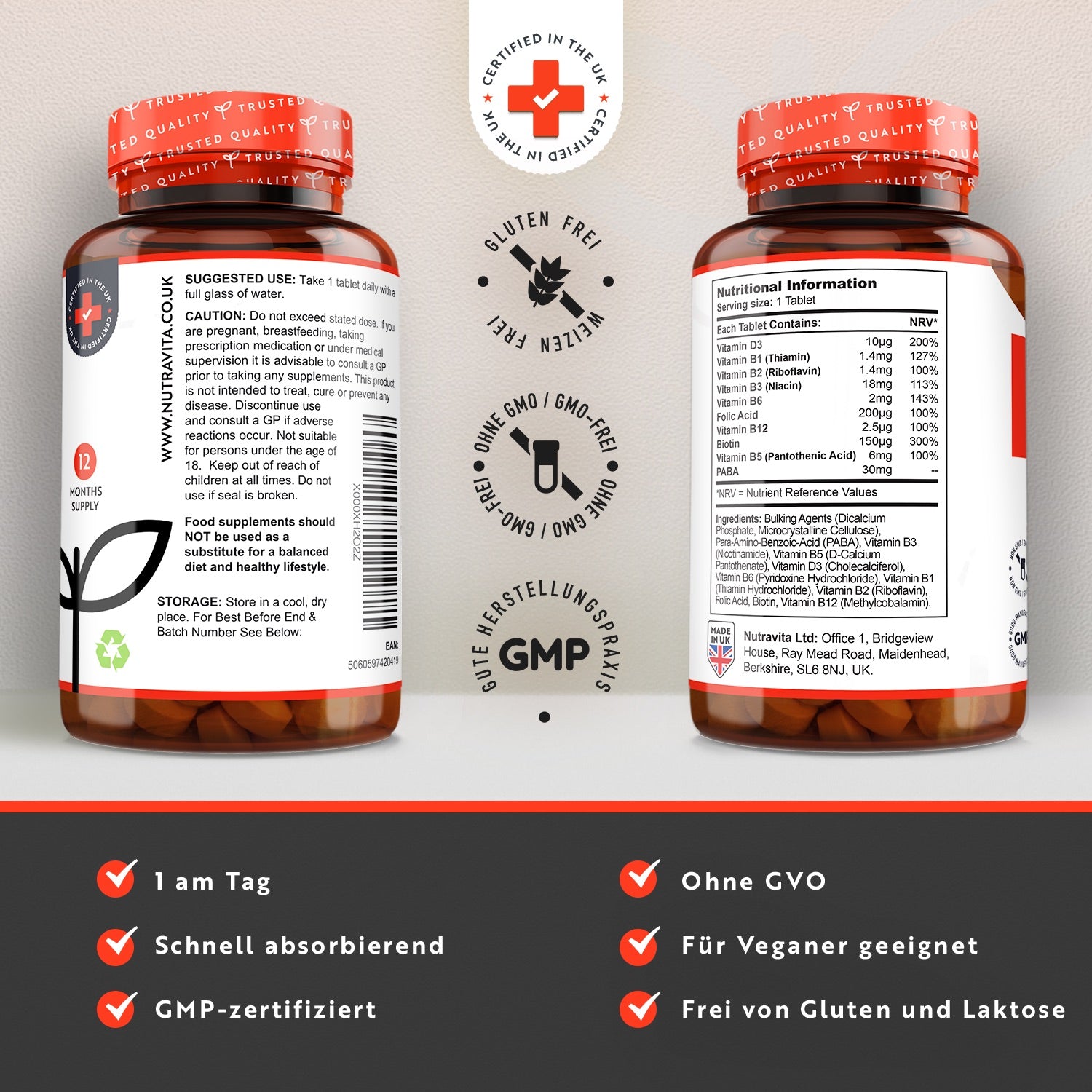 Vitamin B-Komplex mit Vitamin B12 und D3 365 Tabletten