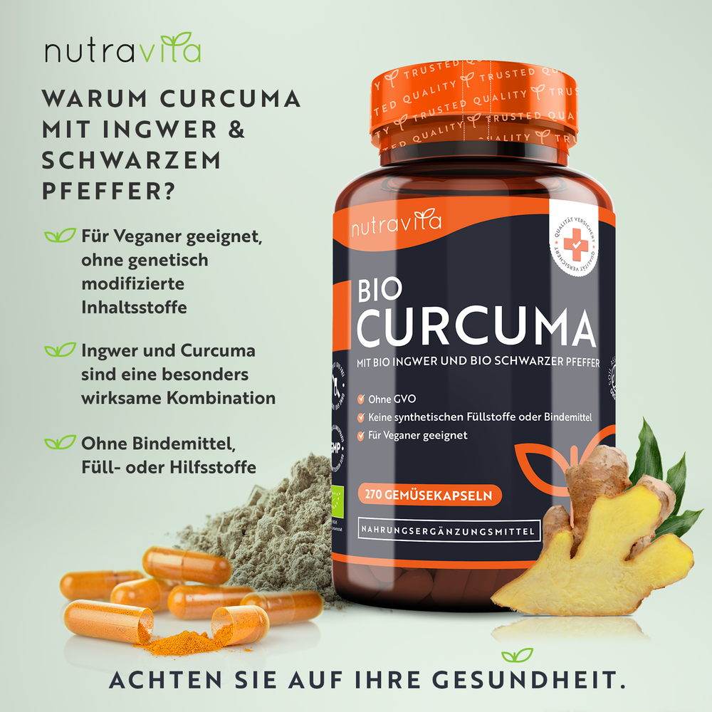 Bio-Kurkuma mit schwarzem Pfeffer und Ingwer - 270 Kapseln