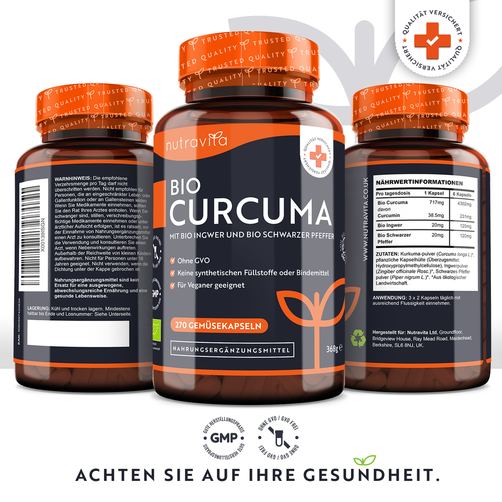 Bio-Kurkuma mit schwarzem Pfeffer und Ingwer - 270 Kapseln