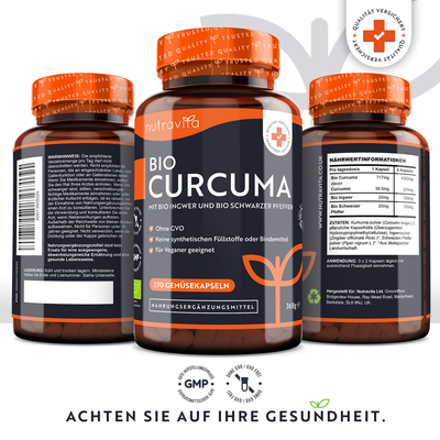 Bio-Kurkuma mit schwarzem Pfeffer und Ingwer - 270 Kapseln