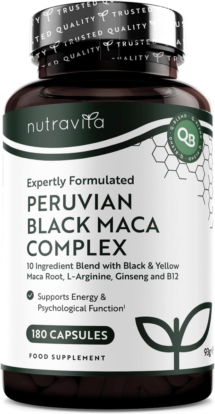 Schwarzer Maca-Komplex mit Zink, Vitamin B12, Ginseng, Bockshornklee, Vitamin B6, L, Arginin, Energiestoffwechsel, normale psykologische Funktion (EFSA), 180 Kapseln