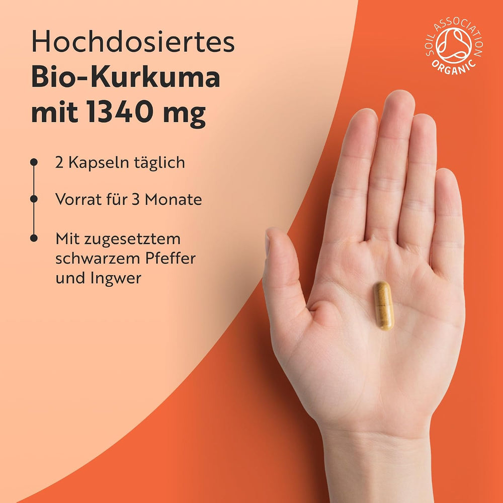 Bio Kurkuma Kapseln 1440 mg, schwarzem Pfeffer & Ingwer - 180 vegane Kurkuma Kapseln