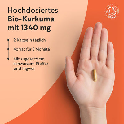 Bio Kurkuma Kapseln 1440 mg, schwarzem Pfeffer & Ingwer - 180 vegane Kurkuma Kapseln