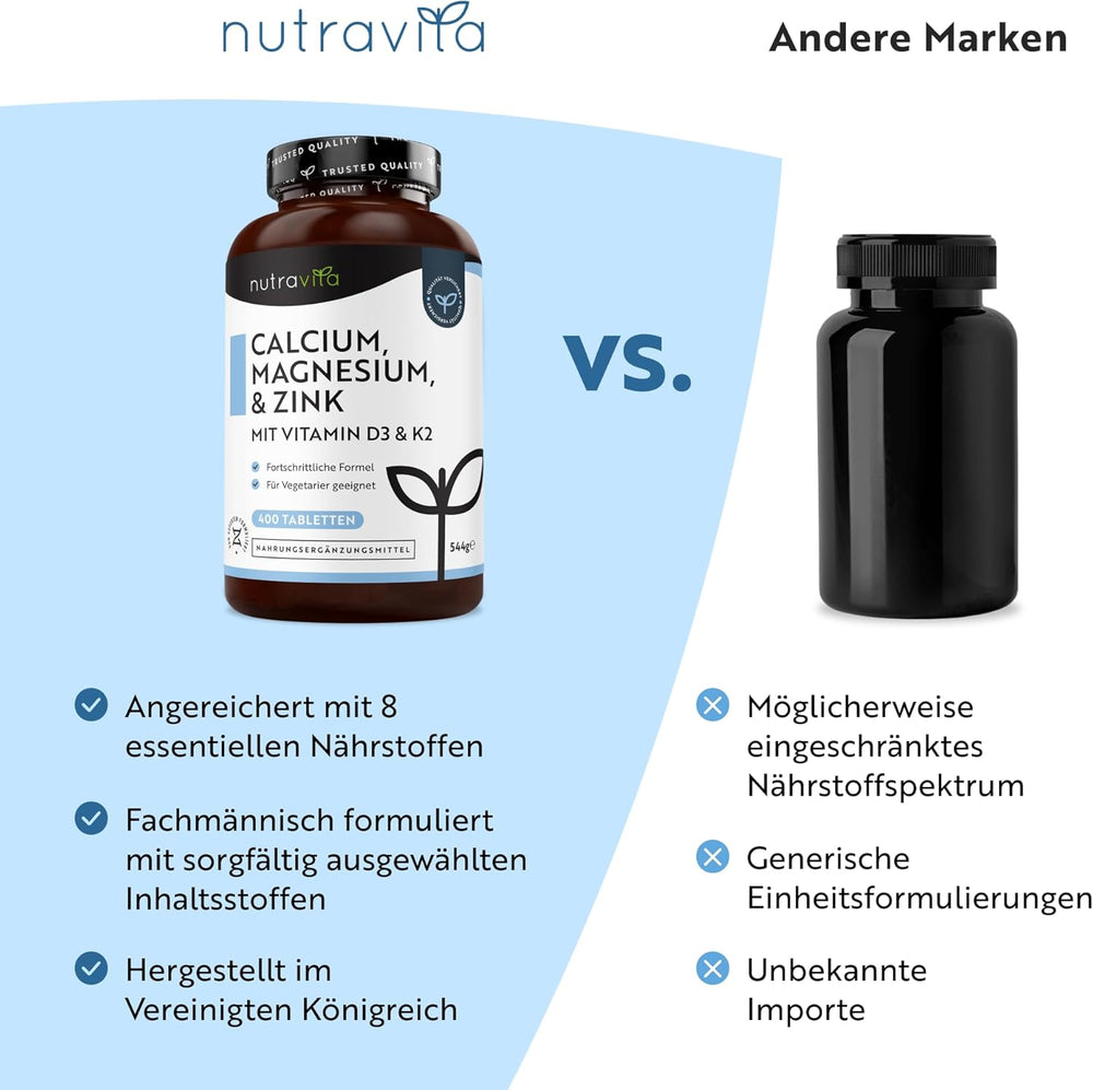 Calcium Magnesium Zink & K2 - 400 vegetarische Tabletten