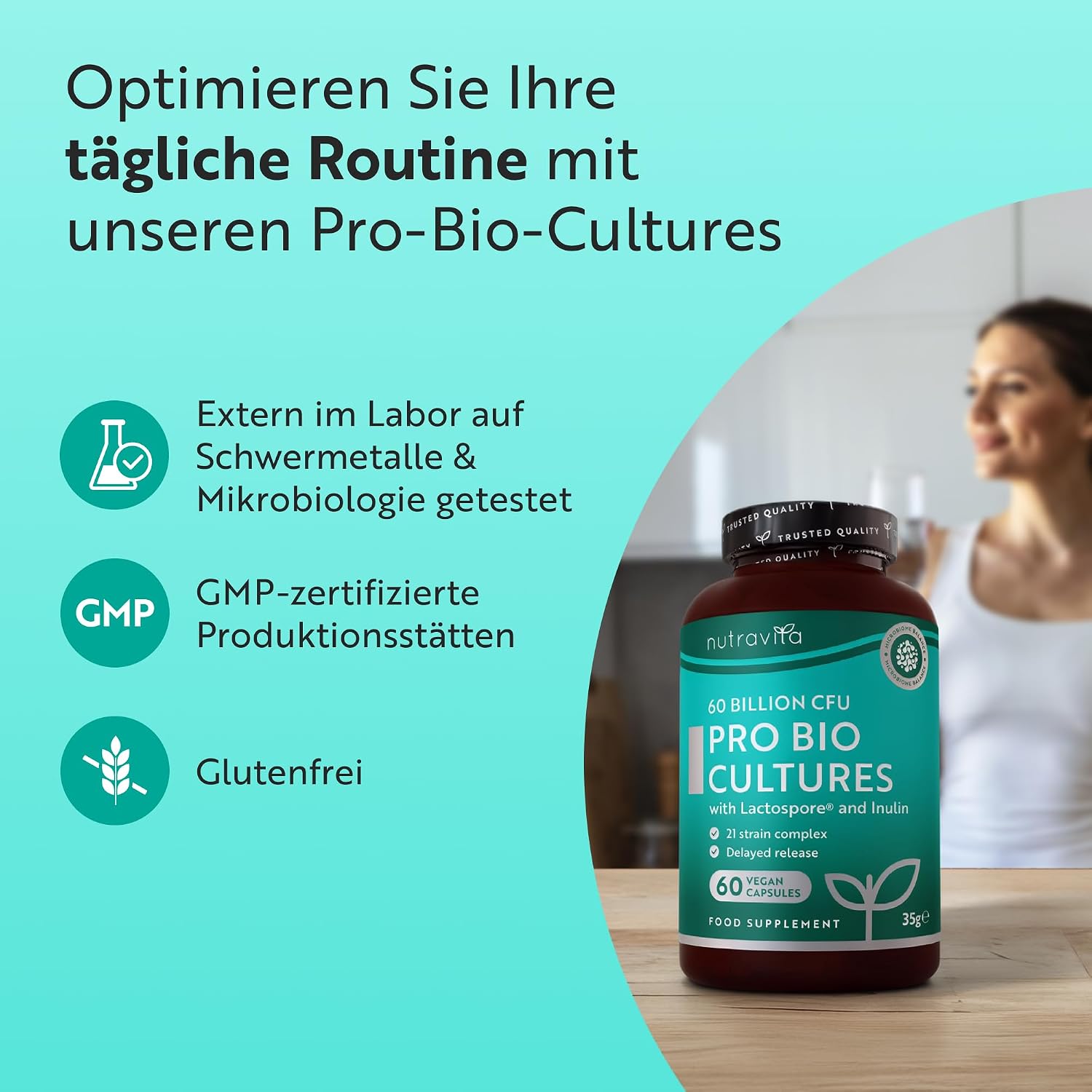 Probiotika 60 Milliarden KBE - 21 Kulturen Komplex mit Lactospore® - 60 Vegane Probiotika Kapseln