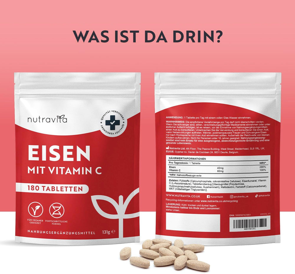 Eisentabletten mit 40 mg Eisen + Vitamin C (80mg) - 180 vegane Tabletten