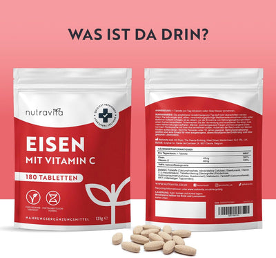 Eisentabletten mit 40 mg Eisen + Vitamin C (80mg) - 180 vegane Tabletten