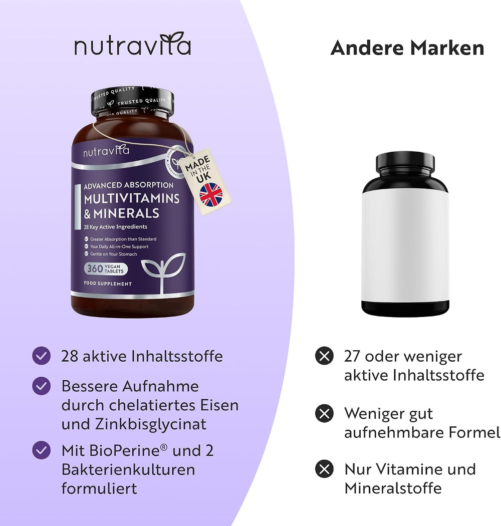 Multivitamine mit verbesserter Aufnahme für Männer und Frauen – 360 vegane Tabletten