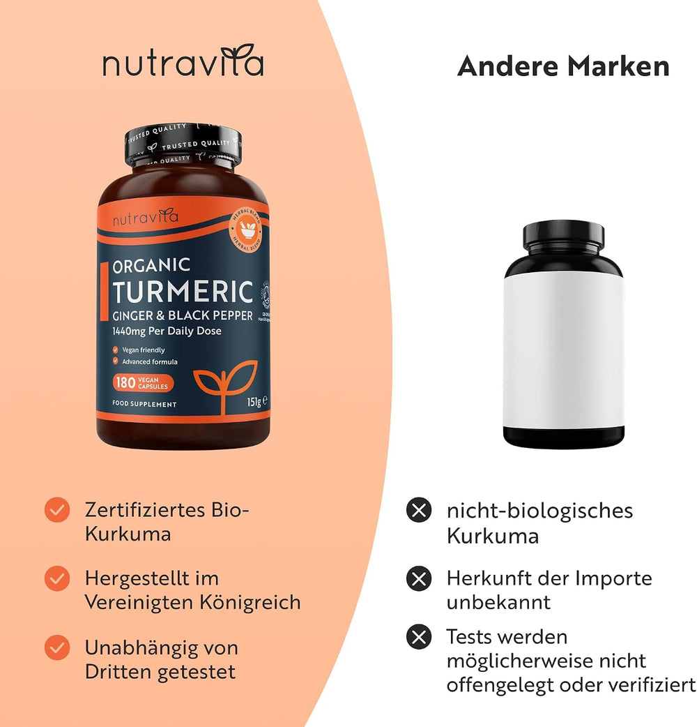 Bio Kurkuma Kapseln 1440 mg, schwarzem Pfeffer & Ingwer - 180 vegane Kurkuma Kapseln