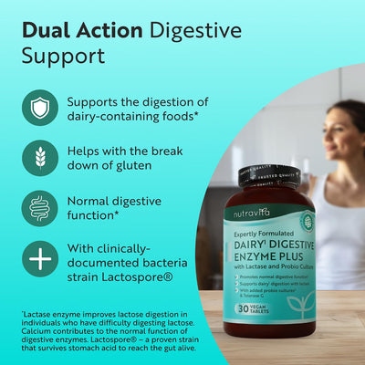 Nutraviga Dual Action Digestive Support supplement bottle shown on a teal promotional graphic with benefit callouts and a blurred woman in the background.