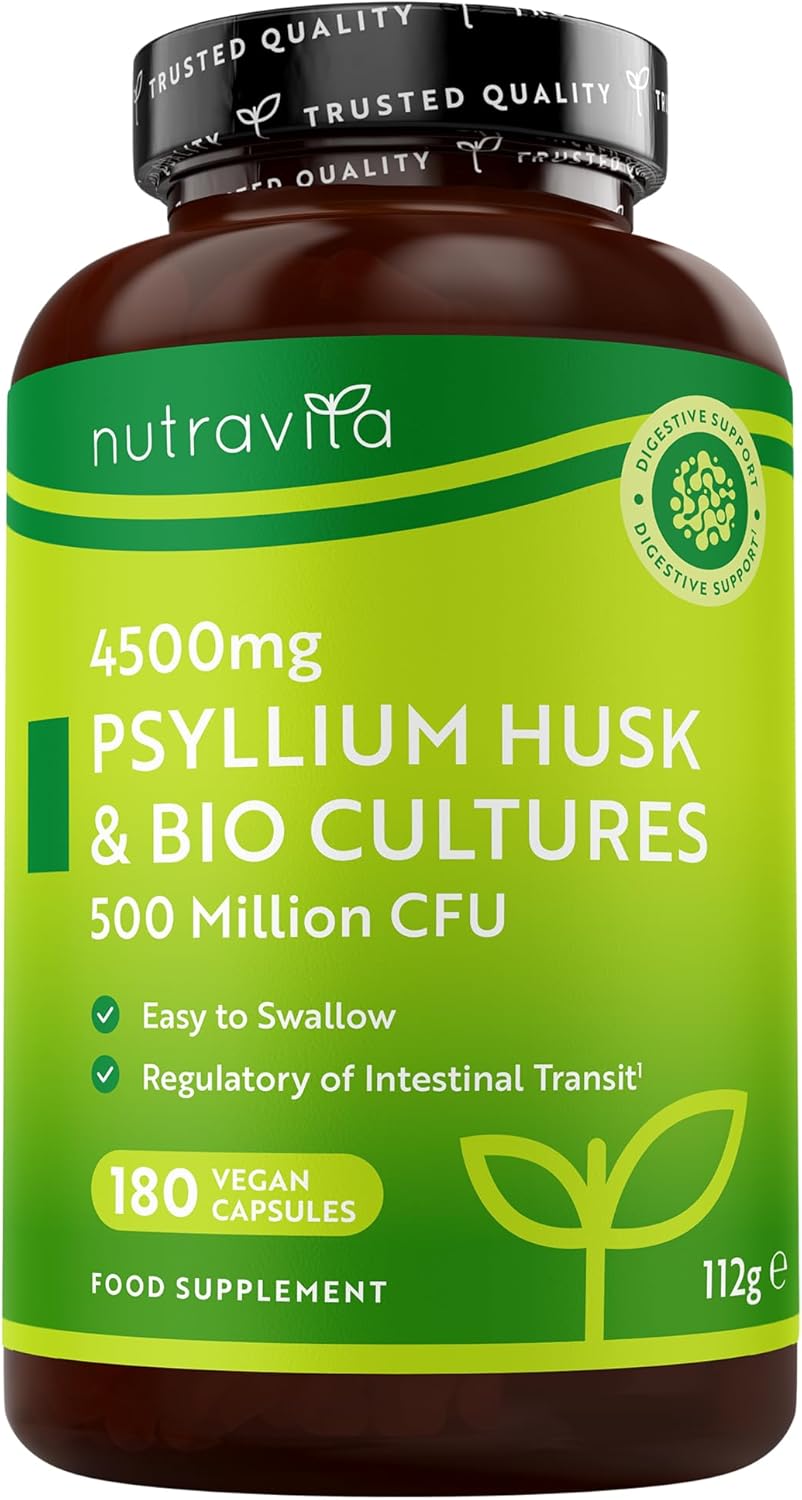 Flohsamenschalen Kapseln 4500mg - Biokulturen mit 500 Millionen CFU - 180 Vegane Kapseln