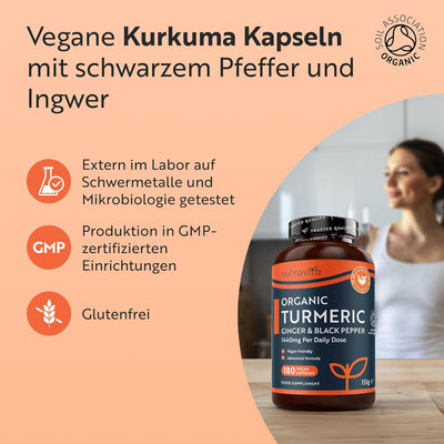 Bio Kurkuma Kapseln 1440 mg, schwarzem Pfeffer & Ingwer - 180 vegane Kurkuma Kapseln