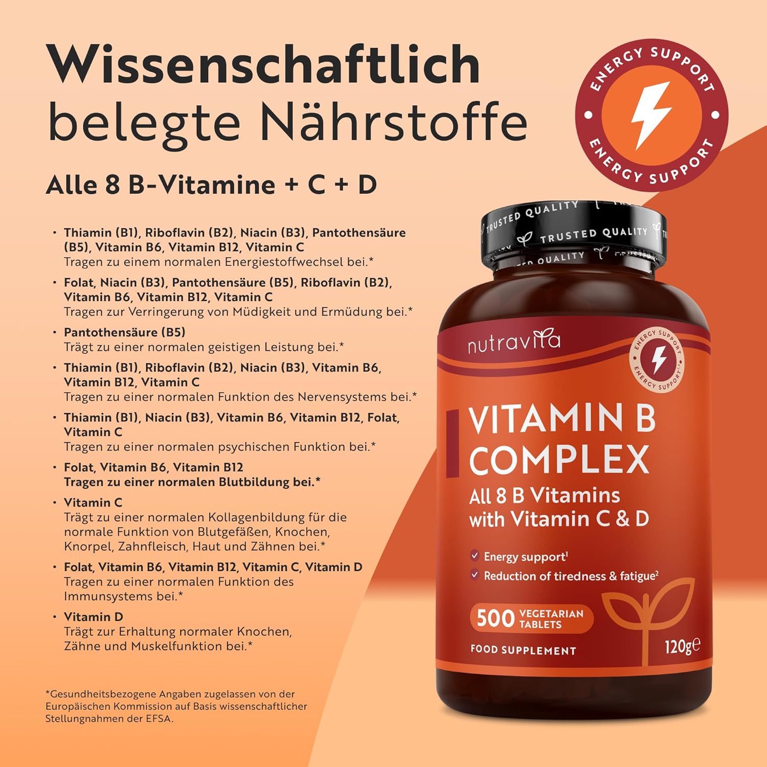 Vitamin B Komplex mit Vitamin C + D + Biotin - 500 Tabletten für +1 Jahr Vorat, Stoffwechsel, Psychische Funktion, Nervensystem