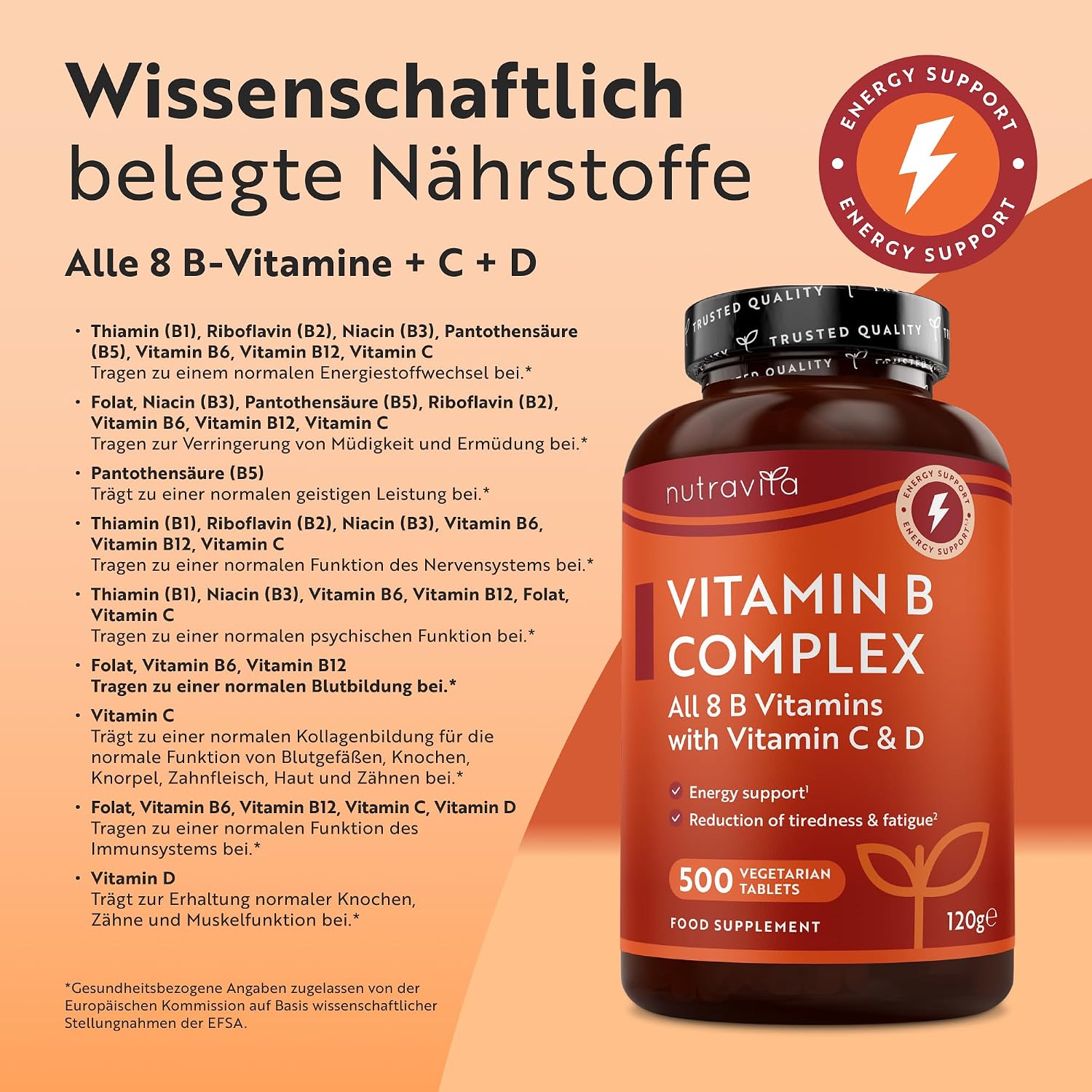 Vitamin B Komplex mit Vitamin C + D + Biotin - 500 Tabletten für +1 Jahr Vorat, Stoffwechsel, Psychische Funktion, Nervensystem