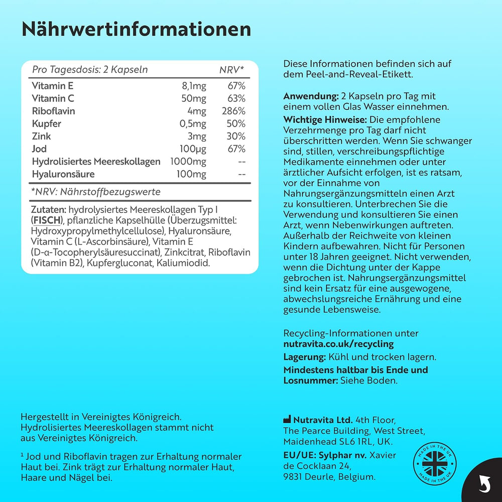 Hydrolysiertes Marines Kollagen 1000mg mit Hyaluronsäure 90 Kapseln