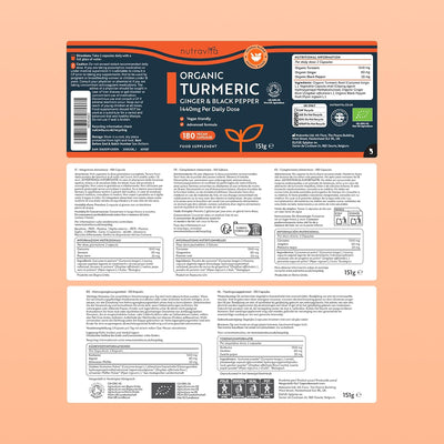Bio Kurkuma Kapseln 1440 mg, schwarzem Pfeffer & Ingwer - 180 vegane Kurkuma Kapseln