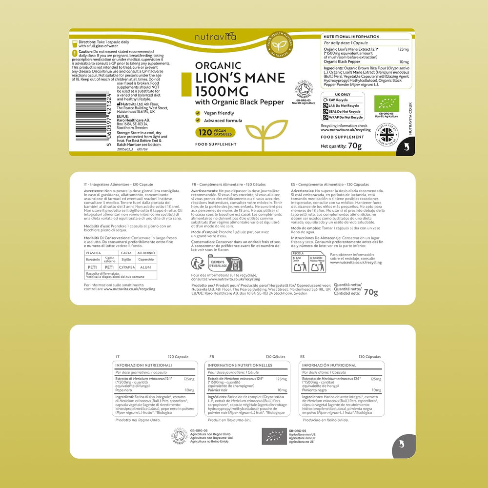 Bio Löwenmähne Pilz 1500mg 120 Kapseln