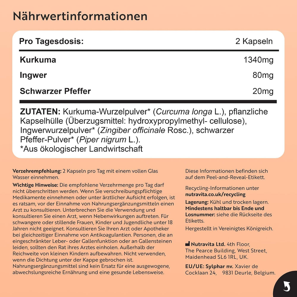 Bio Kurkuma Kapseln 1440 mg, schwarzem Pfeffer & Ingwer - 180 vegane Kurkuma Kapseln