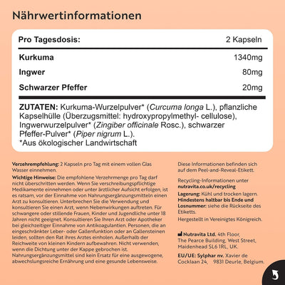 Bio Kurkuma Kapseln 1440 mg, schwarzem Pfeffer & Ingwer - 180 vegane Kurkuma Kapseln