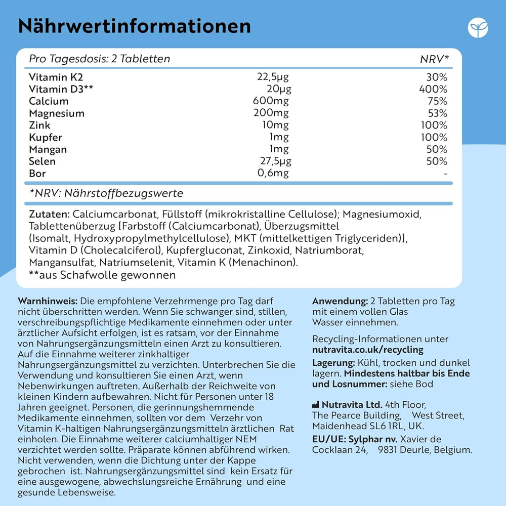 Calcium Magnesium Zink & K2 - 400 vegetarische Tabletten