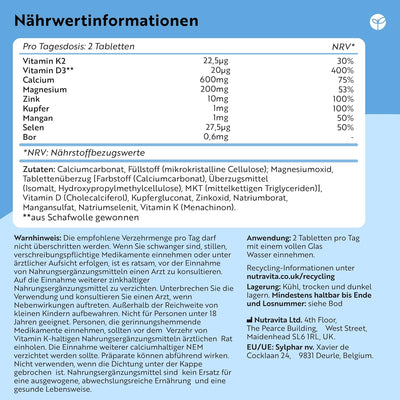 Calcium Magnesium Zink & K2 - 400 vegetarische Tabletten