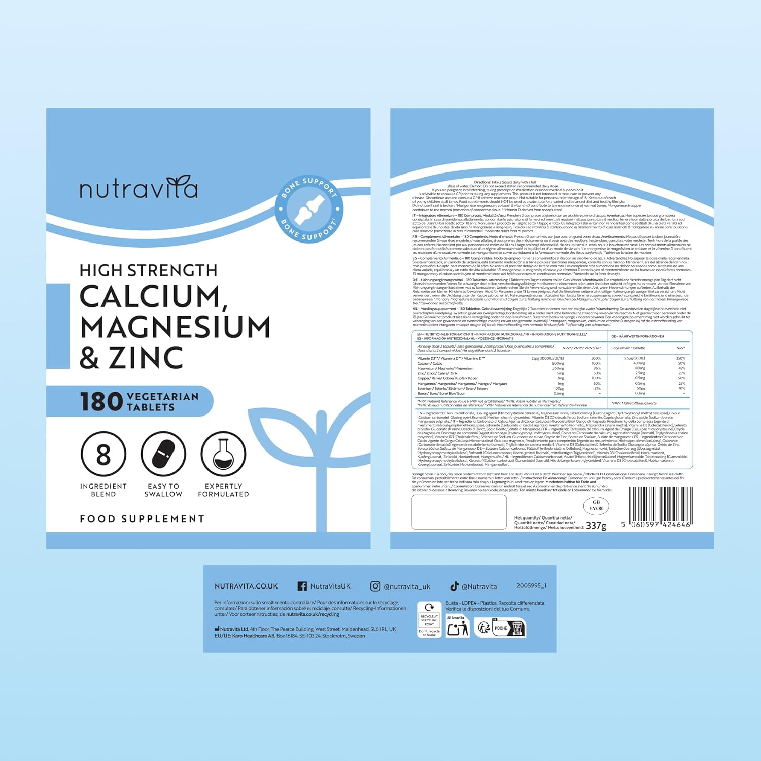 Kalzium Magnesium Zink Kupfer Selen Bor und Vitamin D3 - 180 Tabletten