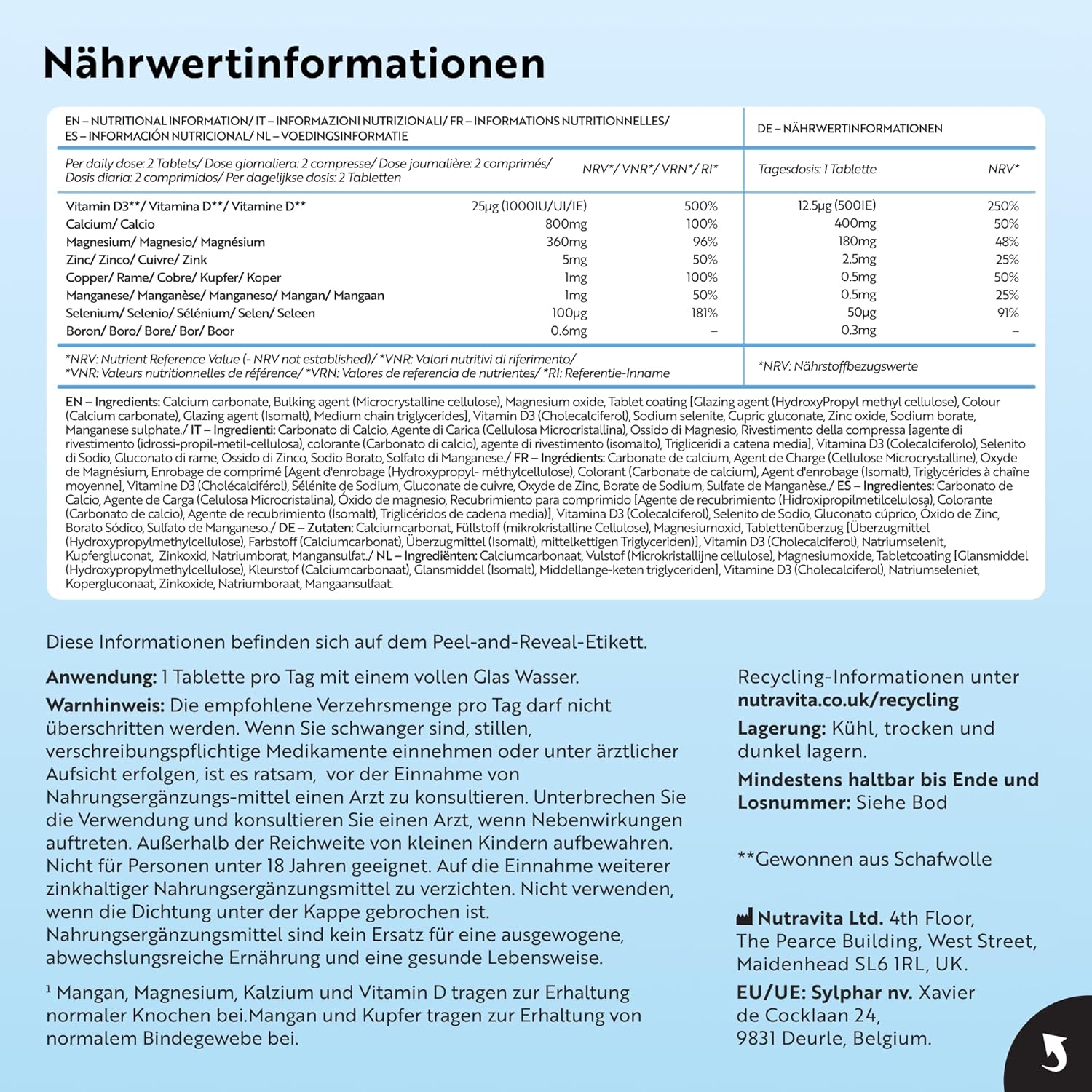 Kalzium Magnesium Zink Kupfer Selen Bor und Vitamin D3 - 180 Tabletten