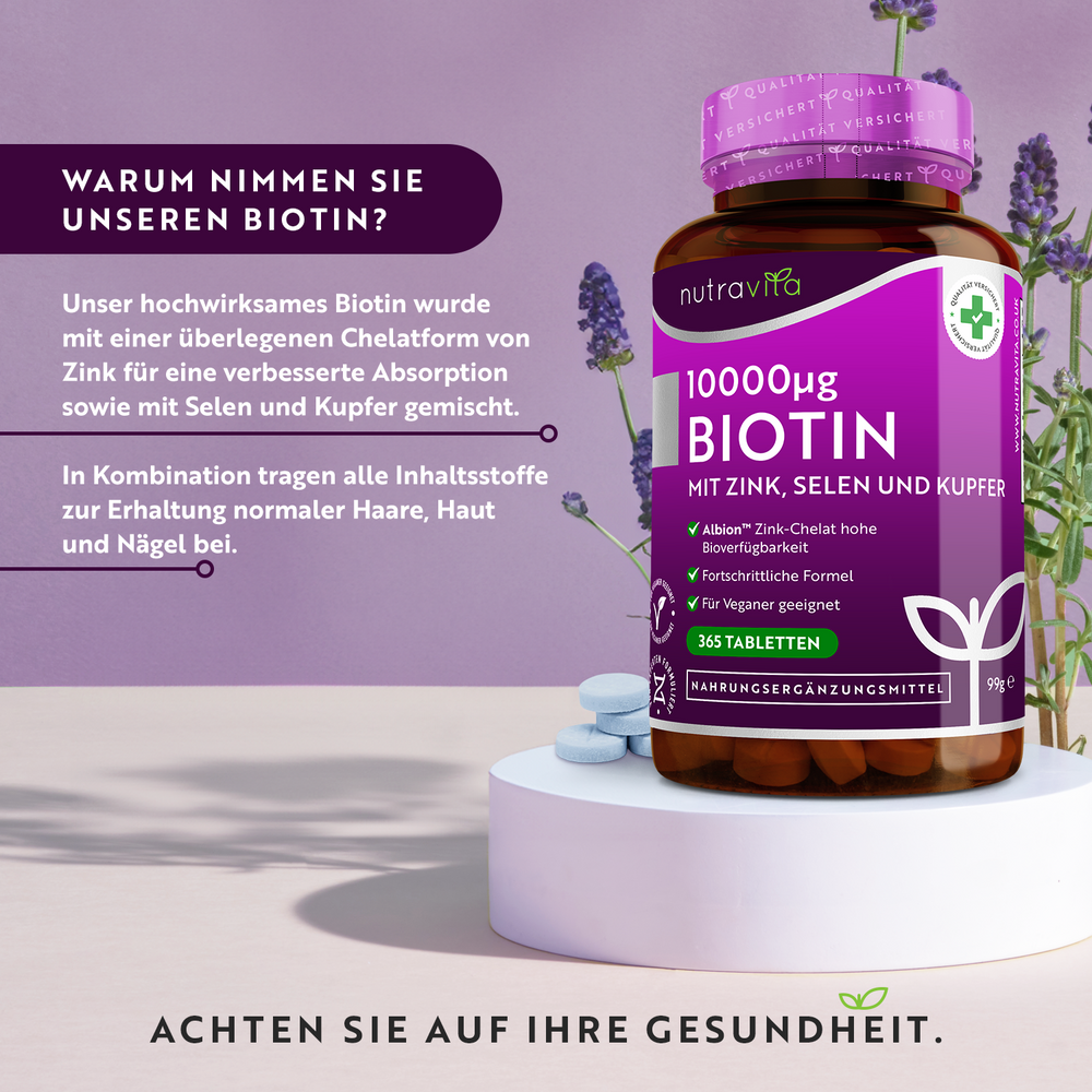 Biotin mit Zink, Selen und Kupfer - 10000mcg Biotin pro Tablette - Premium-Zink von Albion®