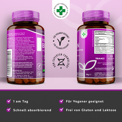 Biotin mit Zink, Selen und Kupfer - 10000mcg Biotin pro Tablette - Premium-Zink von Albion®