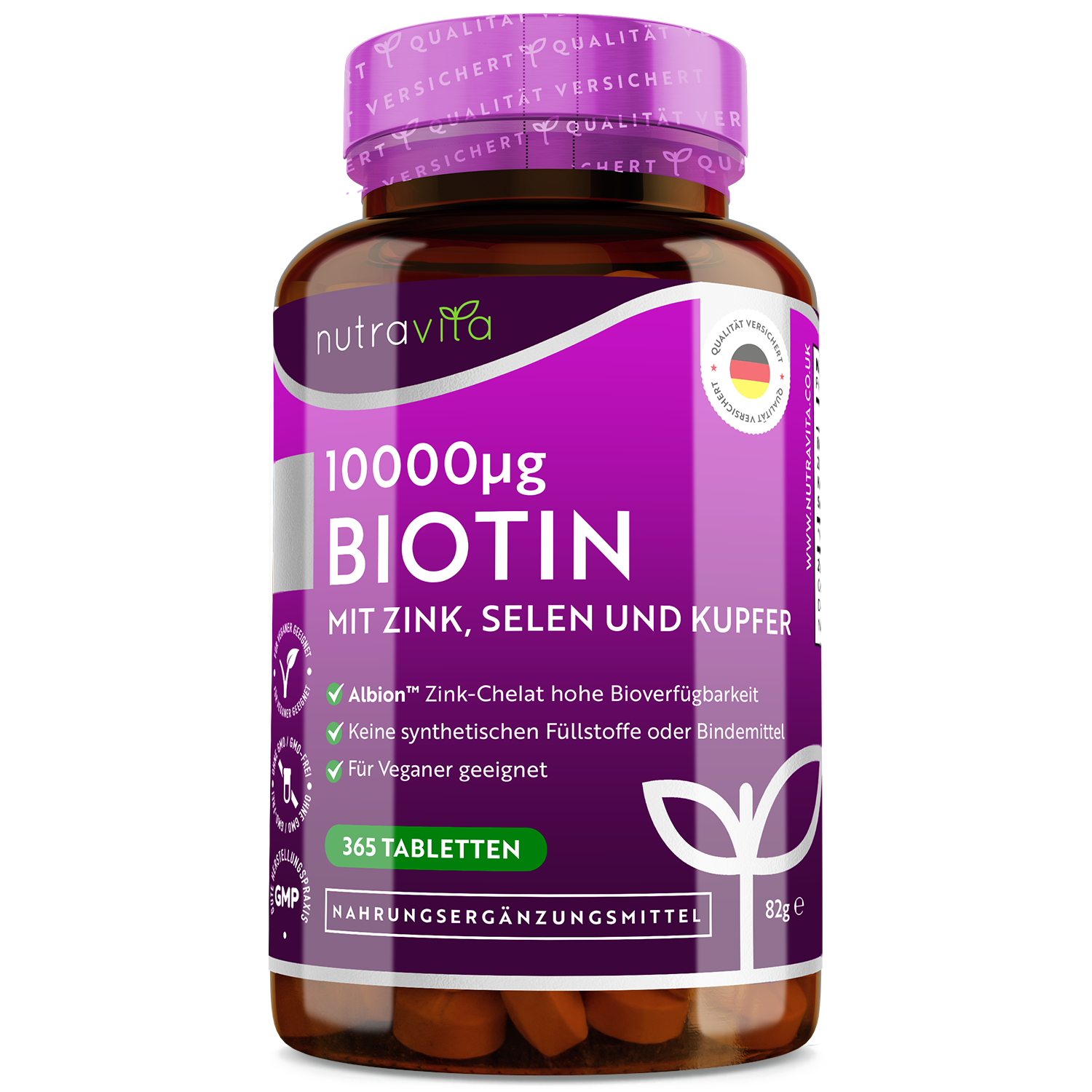 Biotin mit Zink, Selen und Kupfer - 10000mcg Biotin pro Tablette - Premium-Zink von Albion®