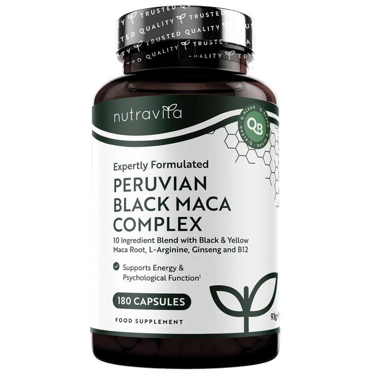 Schwarzer Maca-Komplex mit Zink, Vitamin B12, Ginseng, Bockshornklee, Vitamin B6, L, Arginin, Energiestoffwechsel, normale psykologische Funktion (EFSA), 180 Kapseln