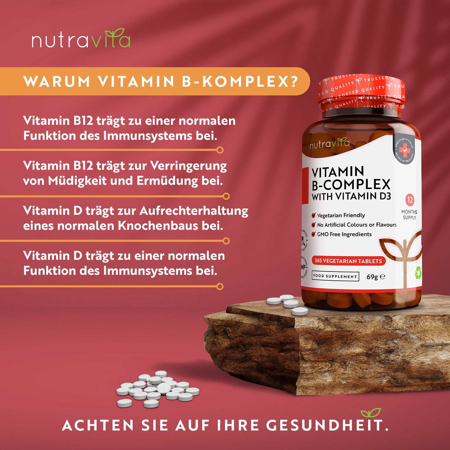 Vitamin B-Komplex mit Vitamin B12 und D3 365 Tabletten